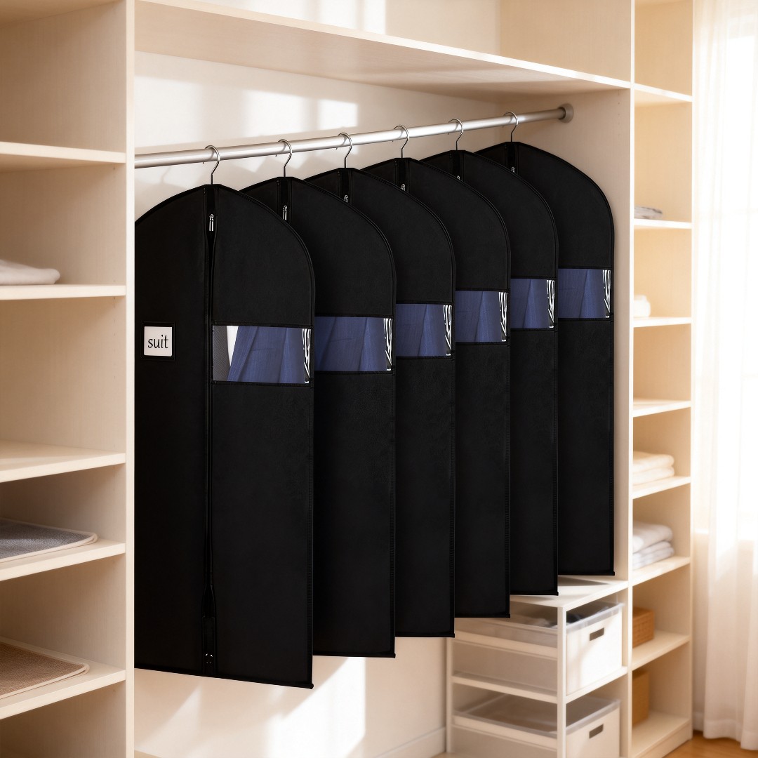 TEMU Lot de 5 housses de costume noires robustes avec fenêtre, idéales pour le rangement dans une cabine, lavables, adaptées aux costumes, chemises,
