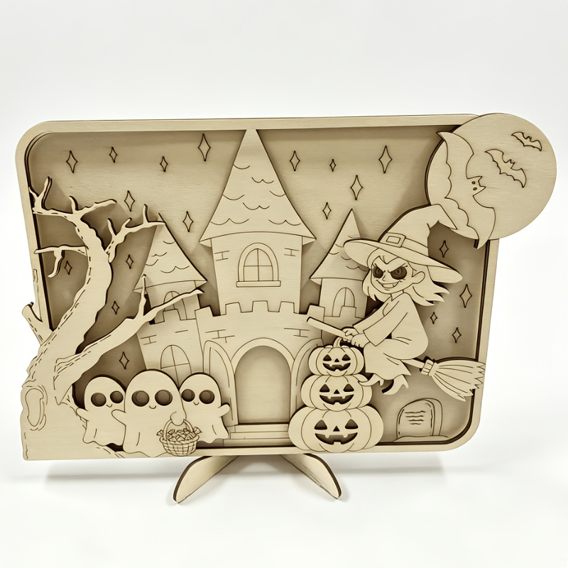 TEMU 1 Ensemble Décoration d'Halloween en Bois 3D Multi-Couches, Présentoir , Panneau en Bois Découpé au Laser Plat 2D (3 Couches) Effet de Doodle