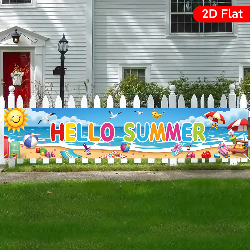 TEMU 1pc Large Hello Summer Banner - Extra Long 17.7x78.7in Outdoor/indoor Party Decoration With Beach Party Designs (sun, Umbrella, Balls) - Durable
