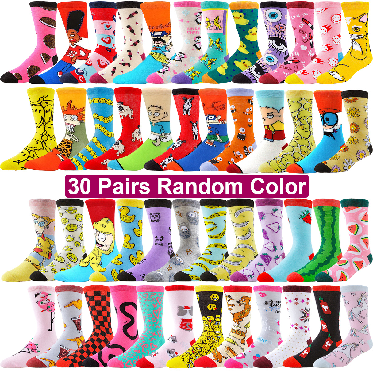 30 Pairs Men’s & Women’s Anime Cartoon Hip Hop Socks – Funny Novelty Crew Socks with Anime Characters, Comfortable Stretchable for Christmas, Halloween, Daily Outfits – Unisex Couple Socks (30-Pair Pack)