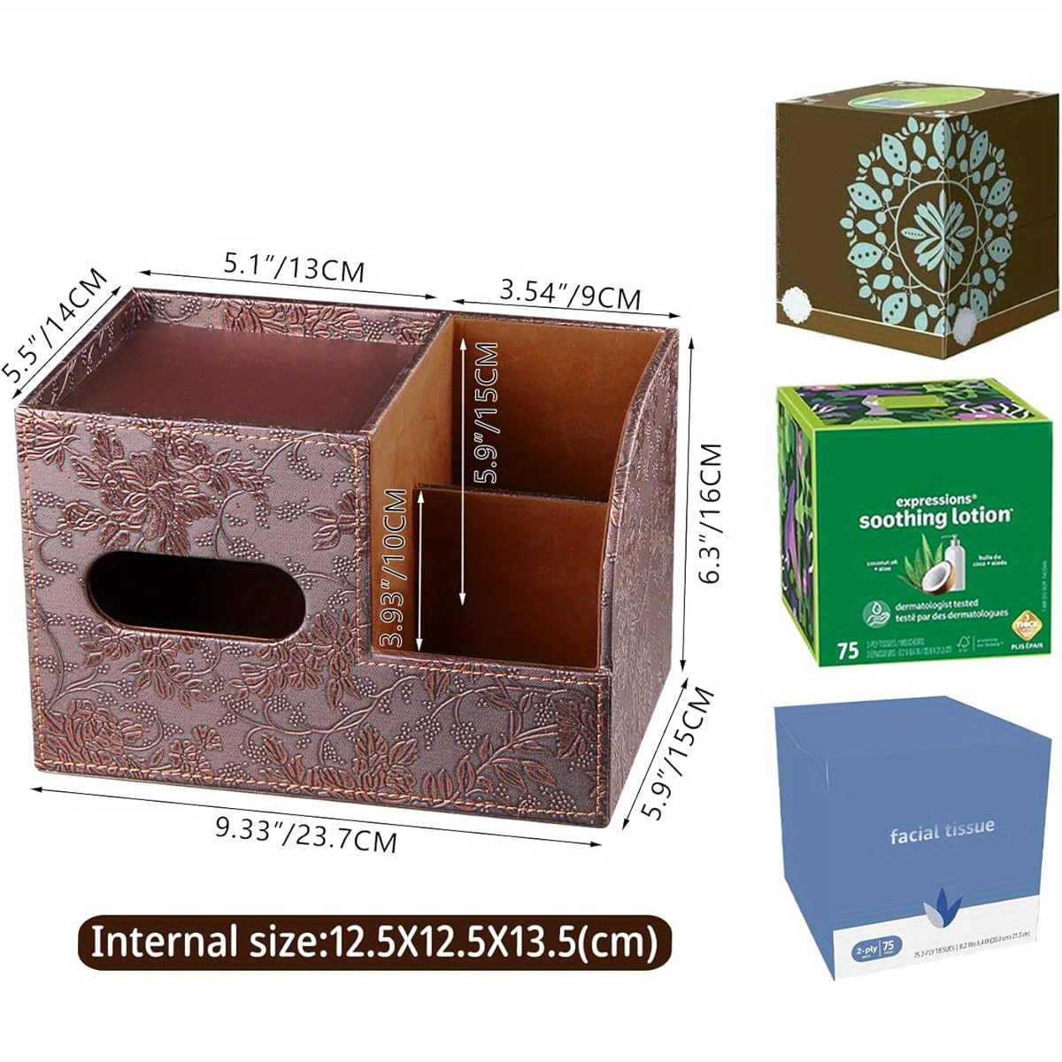 modern   leather tissue box cover with storage tray stylish facial paper organizer for bathroom vanity or nightstand   remote control holder and perfume bottle bathroom organizers and storage Product details 2