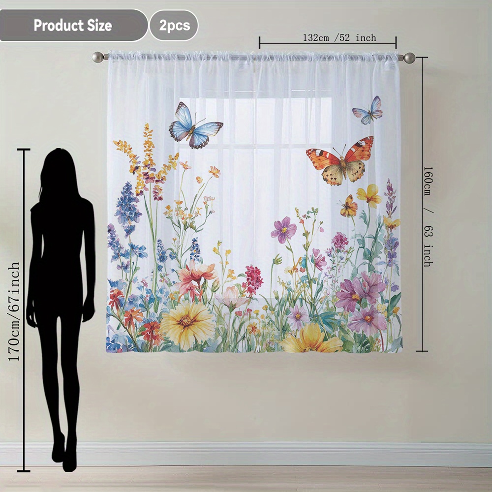 TEMU 2pcs Colorful Floral Printed Home Decor Window Sheer, With Rod Pocket, Flowing Sheer Curtains Suitable For Kitchen, Café, Living Room, Balcony,