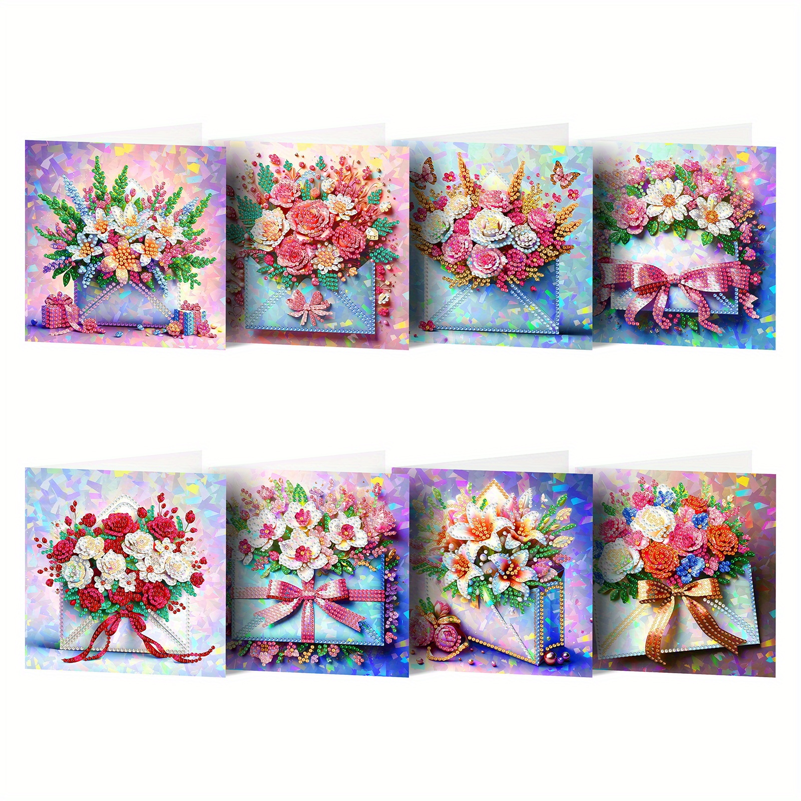 TEMU 8pcs Diy Greeting Cards Set - Bouquet Pattern Happy Birthday Wishes, Round Diamonds, Handmade Holiday Greetings Birthdays & Special Occasions,