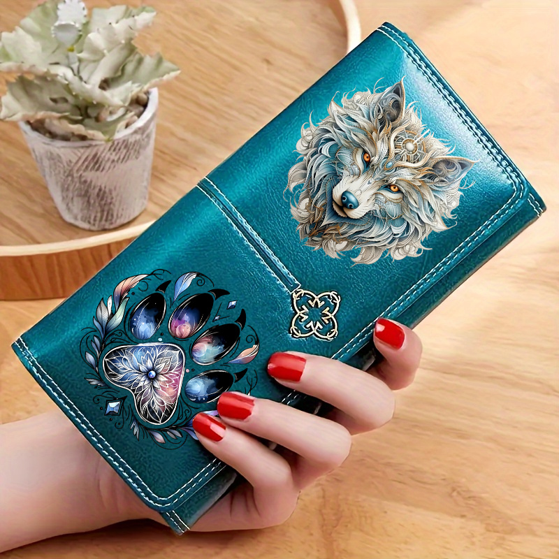 TEMU 3-fold Oil Wax Women's Long Wallet, Retro Wolf Head Exquisite 2d Pattern Coin Purse Handbag, Box, Large Capacity Multi-card Slot Anti-magnetic