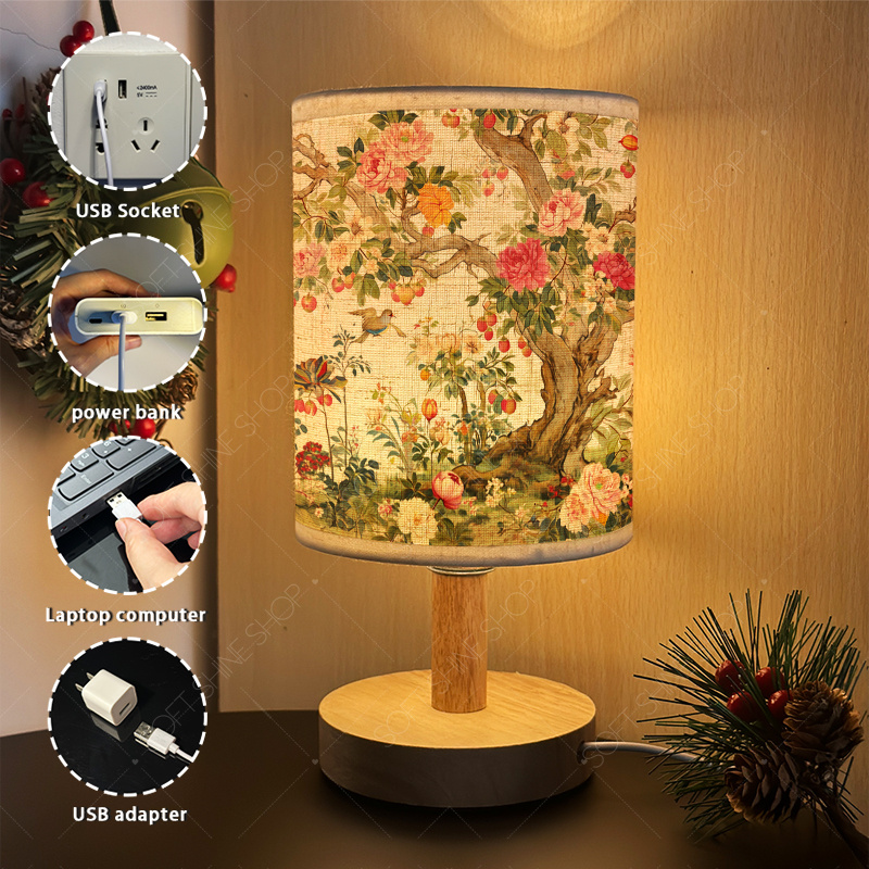 USB-Powered Print Table Lamp with Fabric Shade