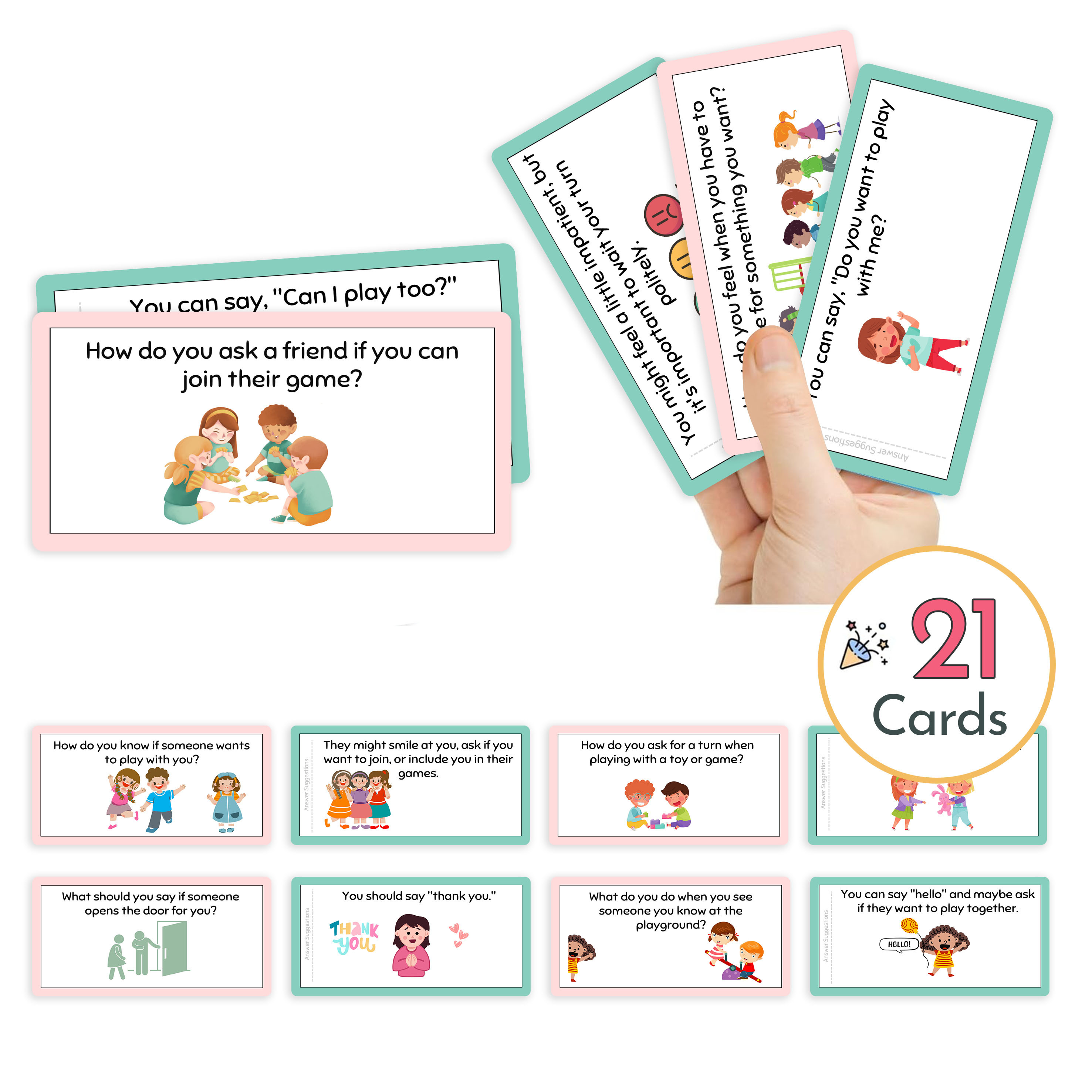 TEMU 21pcs Flashcards,kids Social Skills Teaching Cards - Learning,build And Friendship,learn Communication, - Portable Social Growth Activities For