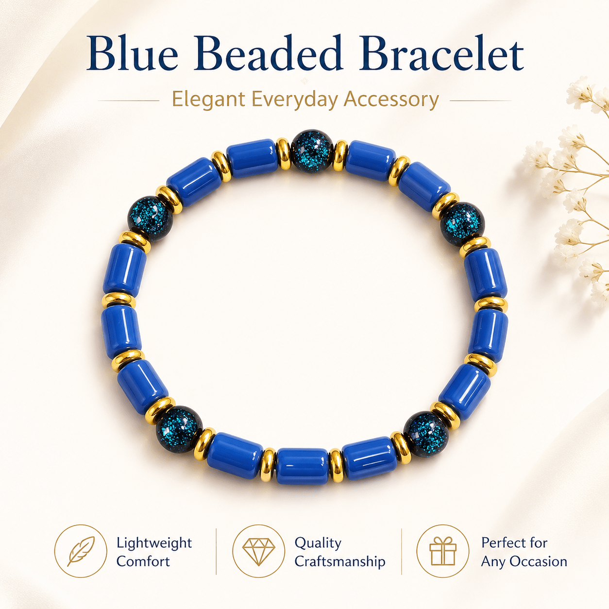 Modern Minimalist Blue Cylindrical Beaded Stretch Bracelet