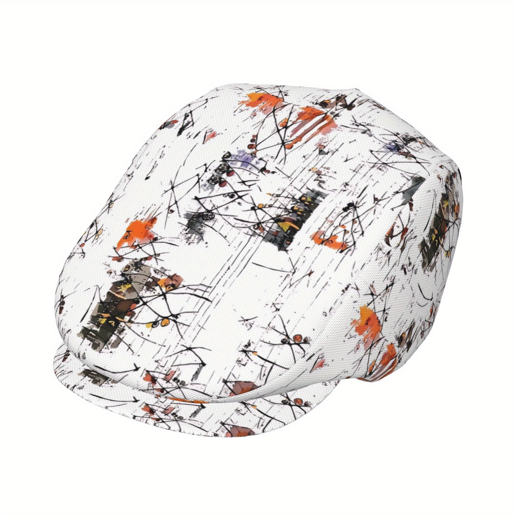 TEMU 1 Stück Weißer Hintergrund mit Schwarzen Linien Orange-Braunem Abstraktem Vollgesichtsdruck Baskenmütze Fashion Newsboy Cap Unisex Golfkappe