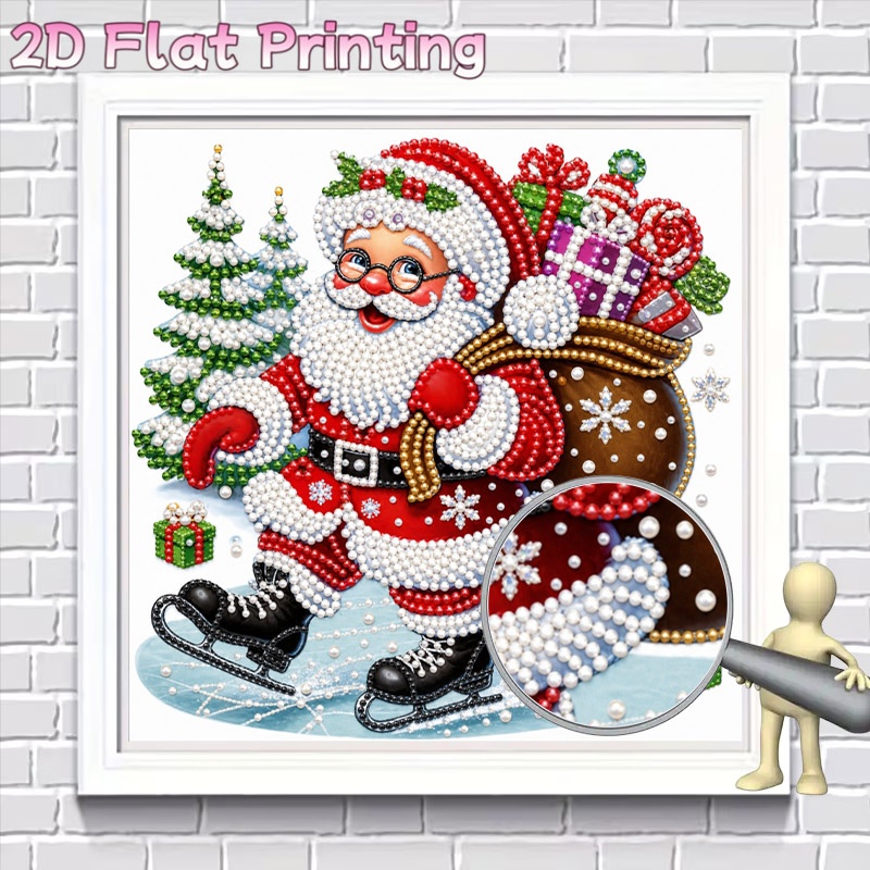 TEMU 2d Flat Pearl Beaded Diamond Painting Accessory, Classic Acrylic Festive Skating Santa Claus Design With Christmas Elements, Handmade Craft