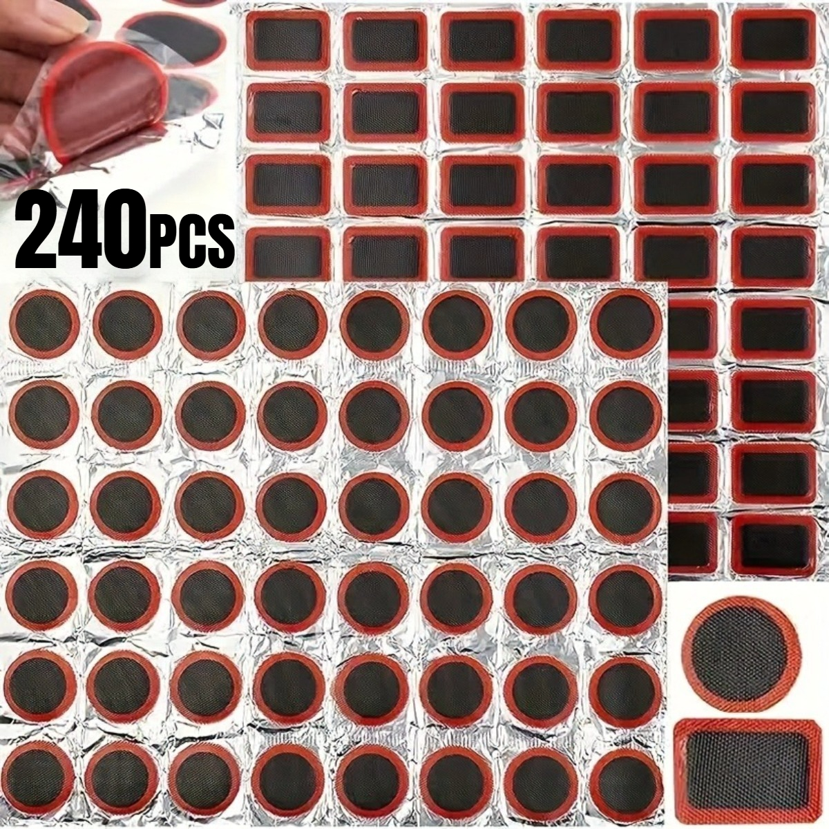 TEMU 240 piezas de parches rectangulares redondos para neumáticos, aplicables para bicicletas, bicicletas eléctricas, reparación de camisas de de