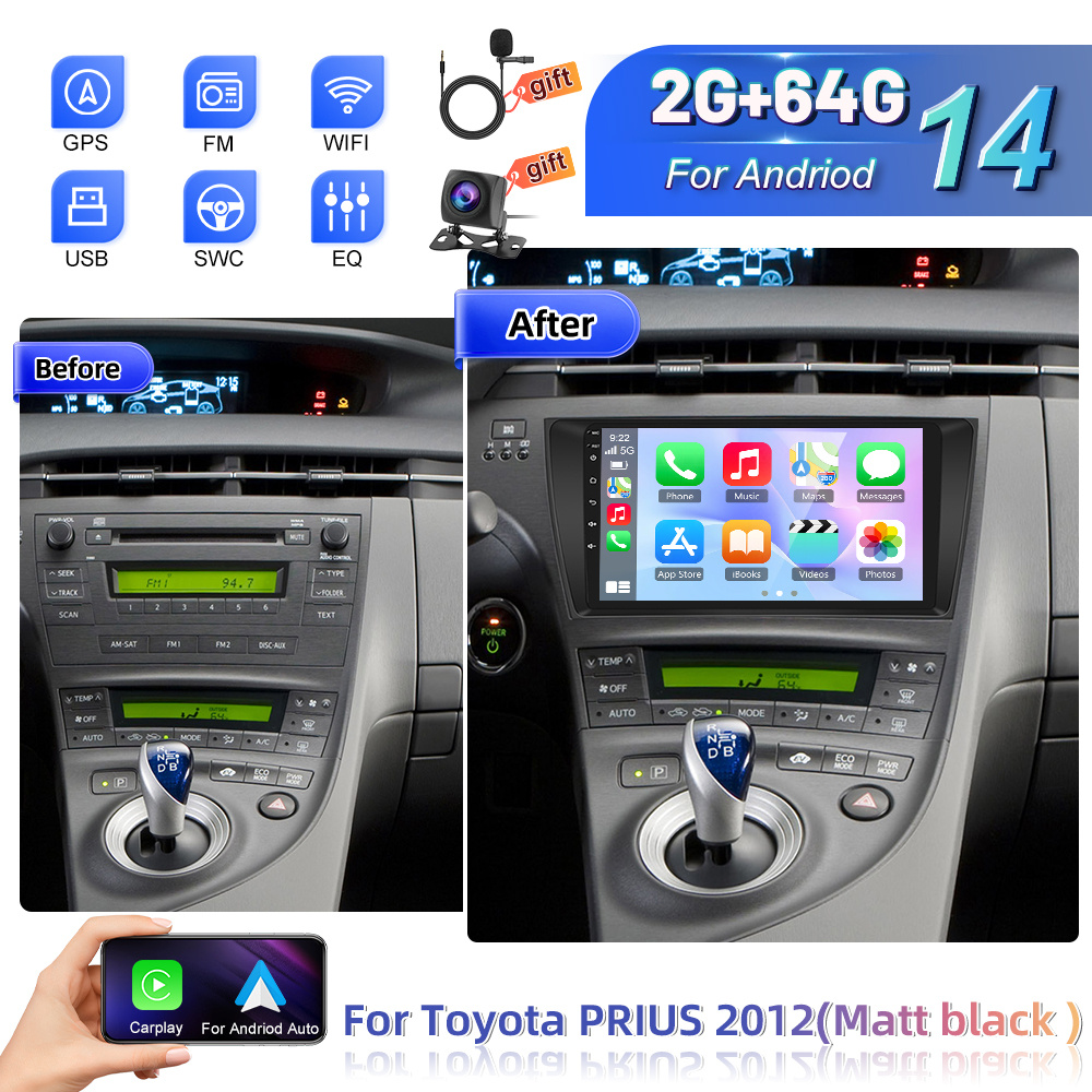 Image of 14 Car Stereo Designed For The 2012 For Prius, Featuring A Matte Black End, And Auto, A 9-inch Touchscreen, Wifi, Dsp, Fm/rds Radio, Steering Wheel Control, An Ahd Rear View Camera, A Car Frame