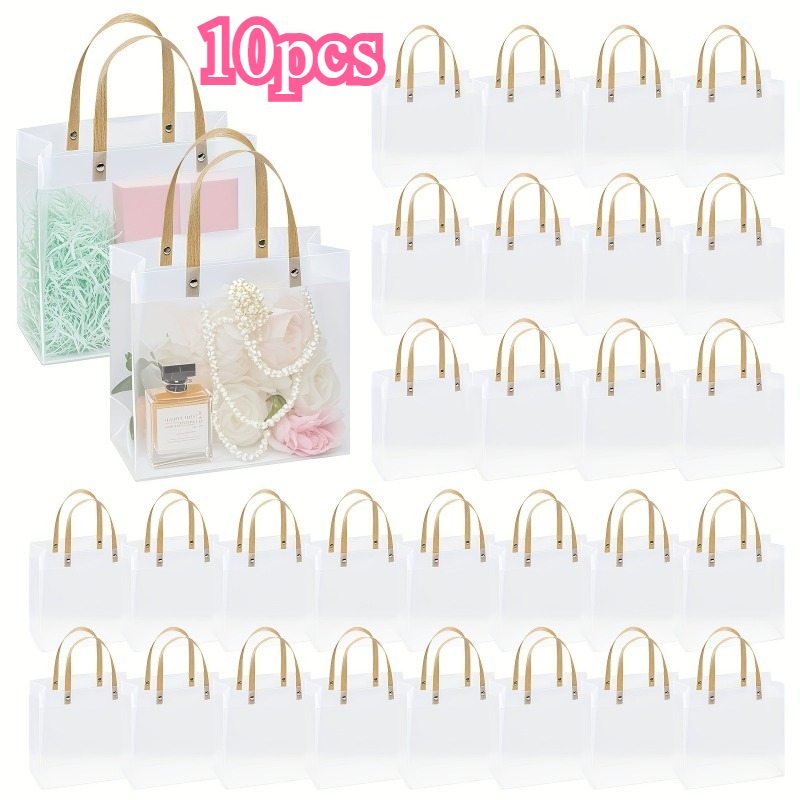 TEMU Gift For Her/him 5/10/16/24pcs White Translucent Frosted Pvc Gift Bags – Reusable, With Golden Handles; Suitable For