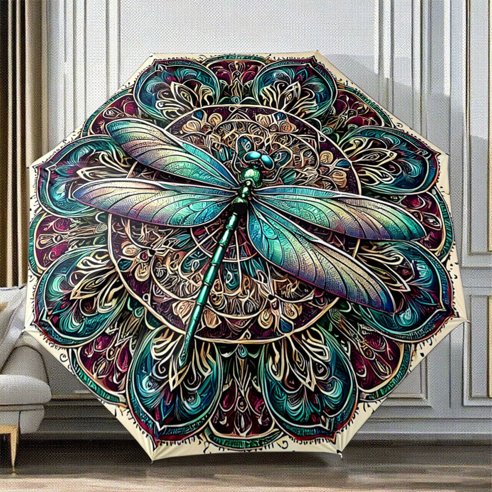 TEMU Delivered In As Fast As 5 Working Days. An Automatic Folding Umbrella Featuring A Vibrant Dragonfly With An Exquisite Mandala-style Pattern.