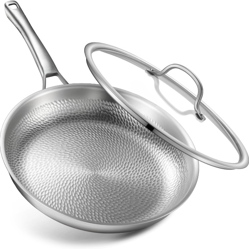 Hammered Stainless Steel Wok Pan with Glass Lid