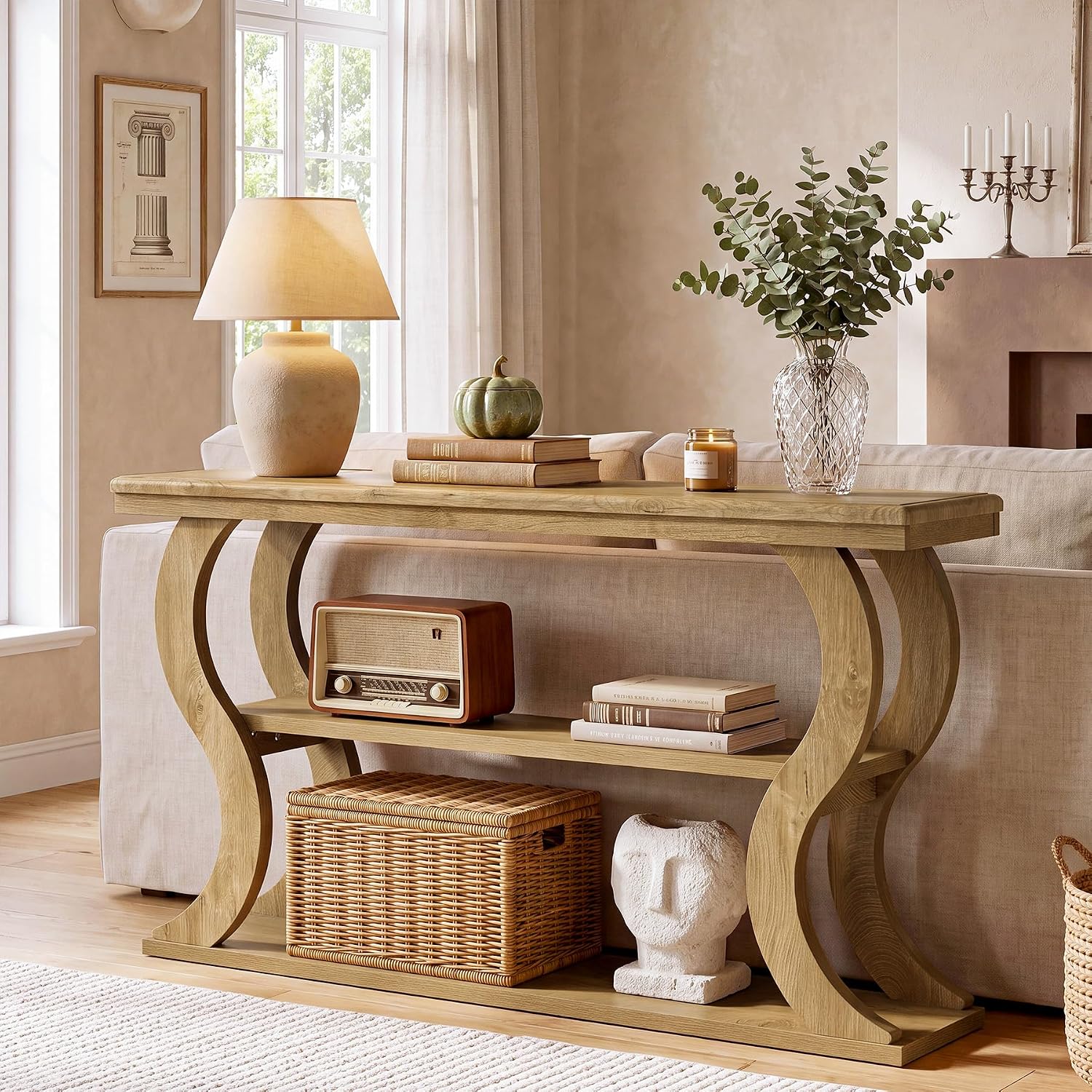 Image of 55" Console Table With 3-tier Storage - Light Brown Entryway Table Suitable For Living Room, Narrow Sofa Table Behind Couch, Hallway Furniture, Assembly With Spacious Tiers For Hallway Entrance Decor