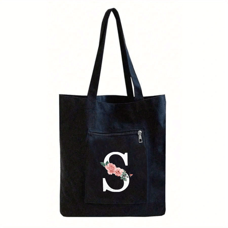 TEMU 1pc Printed With Letters A-z And Flowers Pattern Black Tote Bag, Ladies' Casual Canvas Tote Bag, Suitable For Vacation, Beach And Daily Life, Is