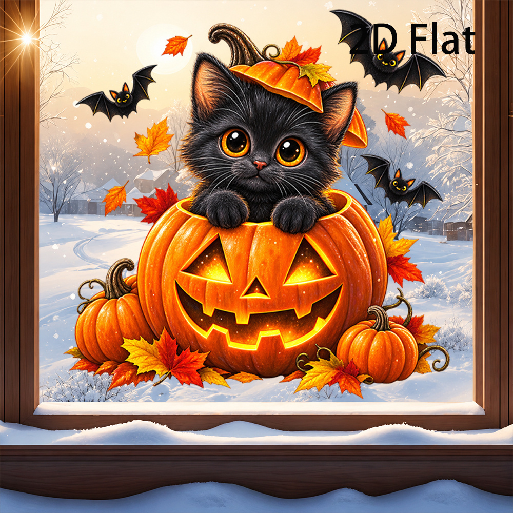 TEMU Plat 2D, 1 pièce Plat 2D, Autocollant pour vitre Citrouille et , Autocollant de chat , Autocollant pour vitre Chauve-souris et Feuille d'érable,