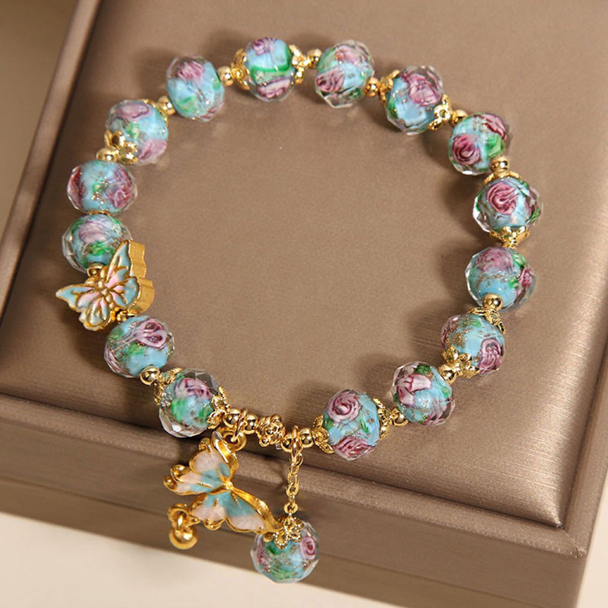 Butterfly Garden rose glass bead bracelet