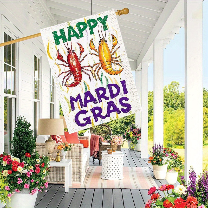 

1pc "happy Mardi Gras" Garden Flag - 28x40 Inch Double-sided, Polyester, Vibrant Outdoor Yard Decoration With Lettering & Design For , Holiday Garden Flag