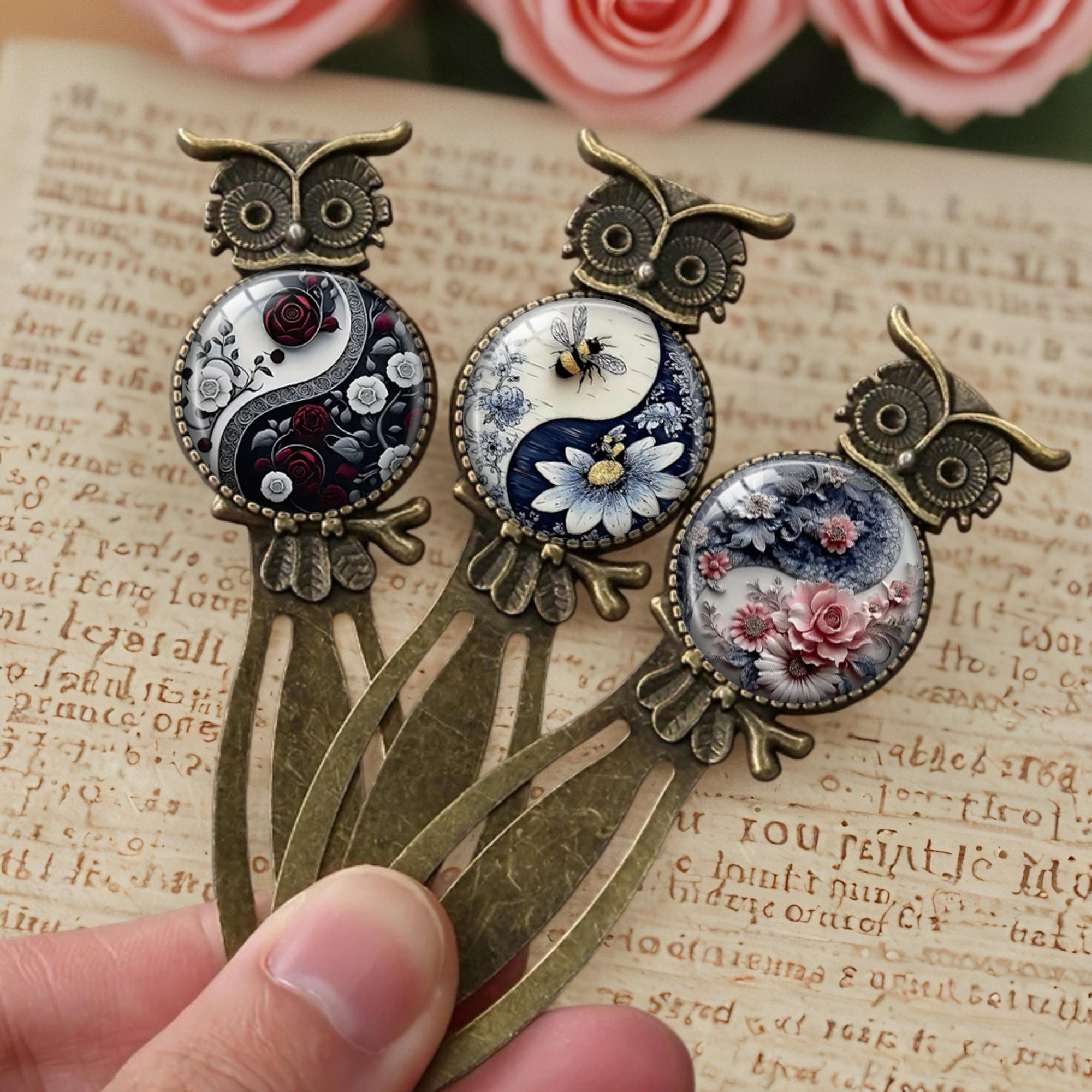 TEMU 3pcs Yin Yang Floral Glass Bookmark Set - Rose, Bee, And Peony Bookmark Gifts