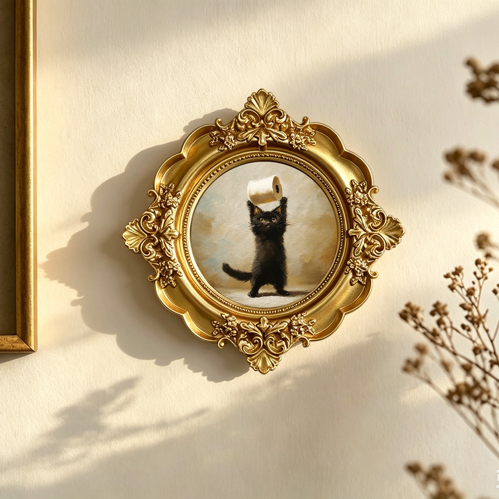 TEMU Wall Decoration Black Cat Toilet Paper Roll Ornate Frame Decor, Vintage Baroque Golden Relief Home Decoration For Shelf, Bathroom, Gift For Cat