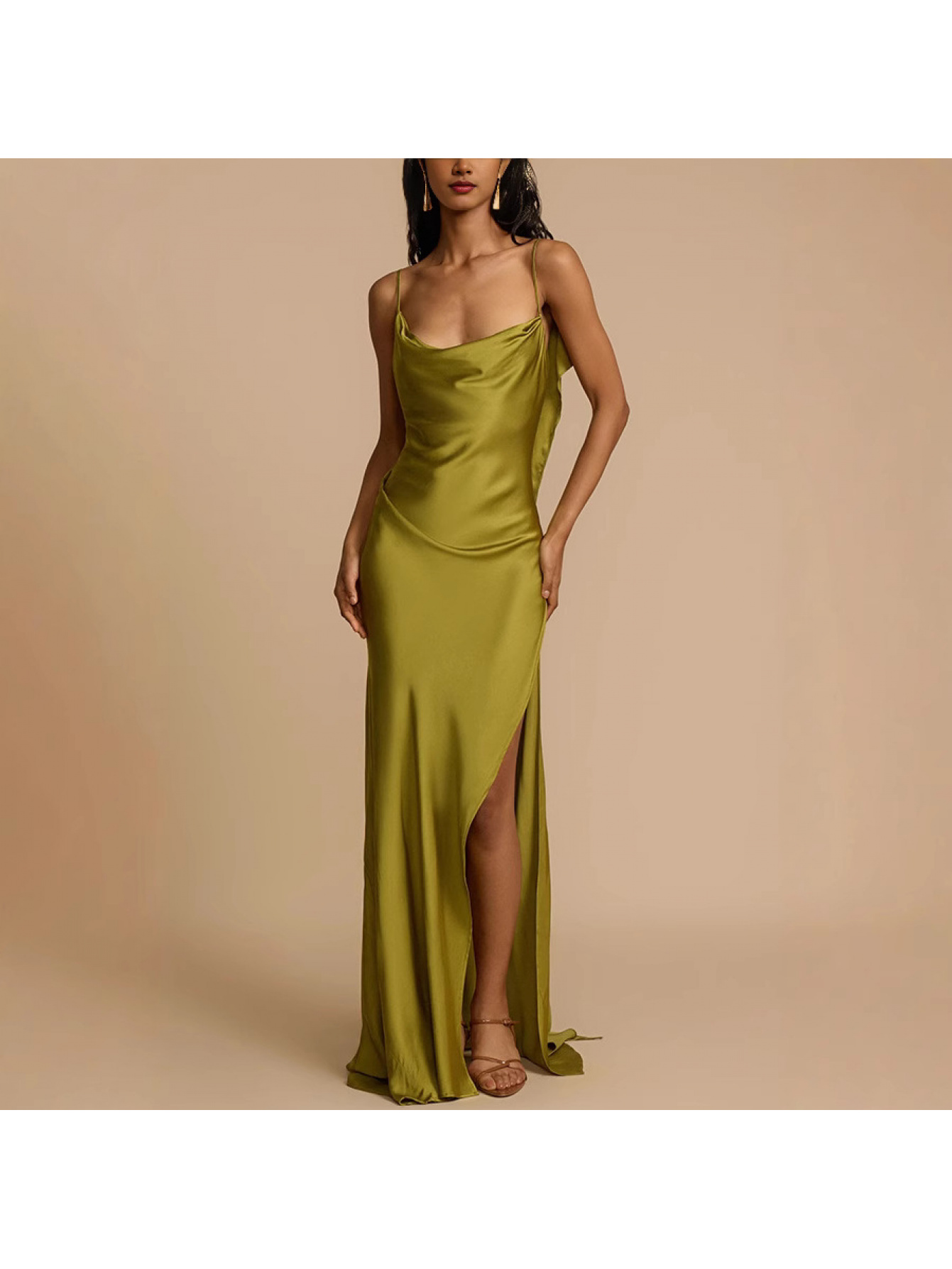 strapless open back dress Olive Green Satin Knot Slip Dress main image 0