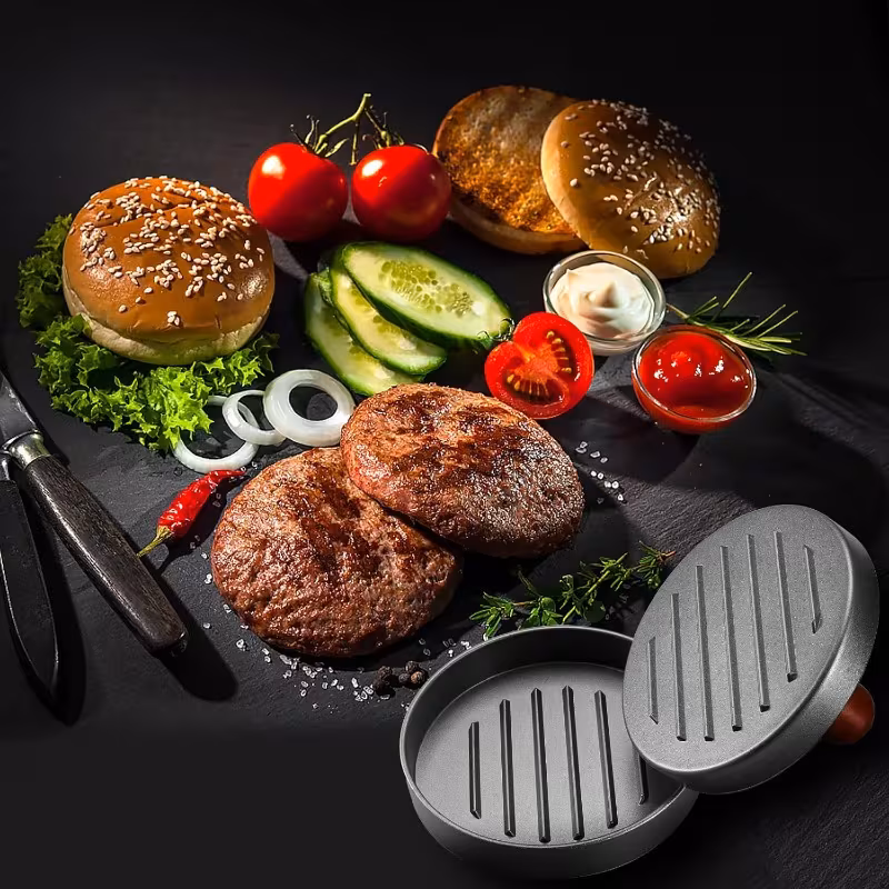 1 - presă pentru din oțel inoxidabil pentru făcut fripturi – suprafață antiaderentă cu dungi, mâner din lemn, robustă – ideală pentru grătar și gătit, aplicații de bucătărie 2