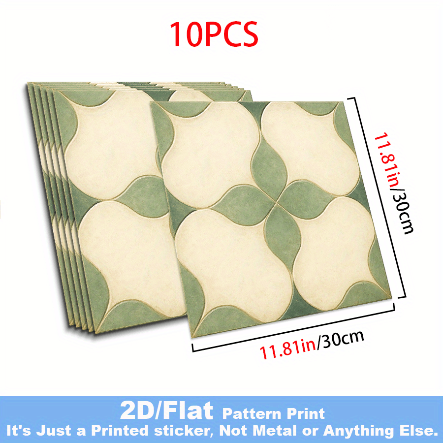 TEMU 10pcs 2d Flat Vinyl Pvc Floor Stickers - Green And Geometric Mosaic, Style - 11.81x11.81 Inches, Self-adhesive Diy Design, Suitable For Bathroom