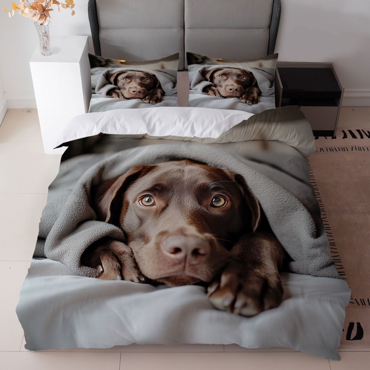 TEMU 3pcs Bedding Featuring A Chocolate Labrador Design In Gray And Brown (includes 1 Duvet Cover And 2 Pillowcases, Core Not Included) - Ideal For