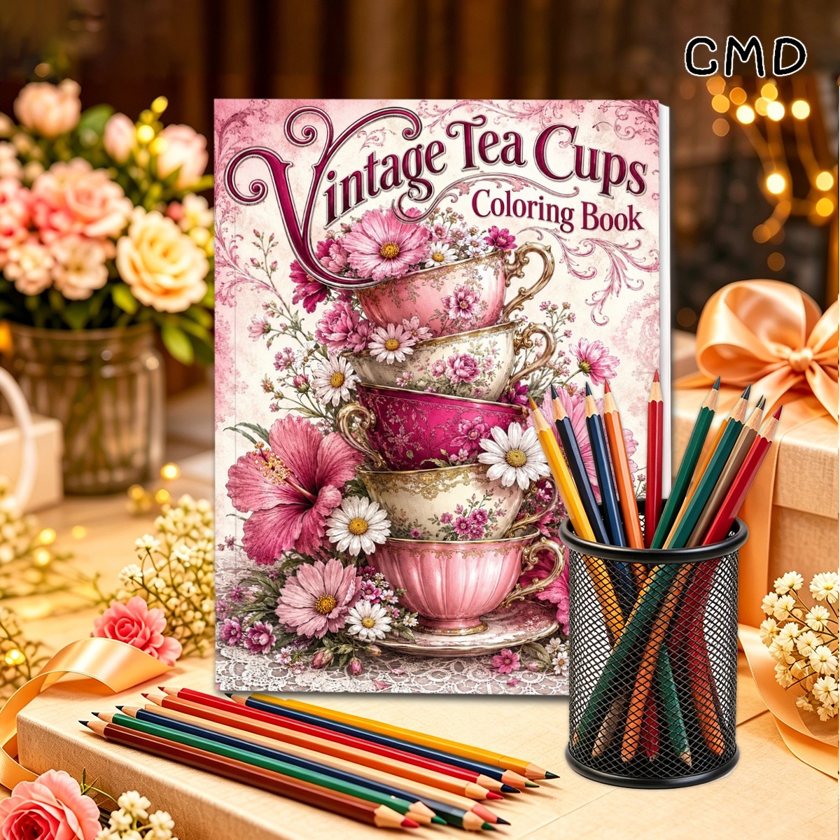 TEMU Cmd Vintage Tea Cups Coloring Book, Stress Relaxing Artwork With Floral Vintage Teacup Designs, Perfect Gift For Birthdays Christmas Halloween