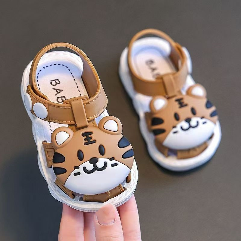 Infant Cartoon Tiger Sandals for Boys and Girls - Summer 2024 Soft Sole Anti-Slip Toddler Walking Shoes with Buckle Closure, Low Top, PVC Upper, Sole and Insole - Baby Protective Toe Cap Sandals