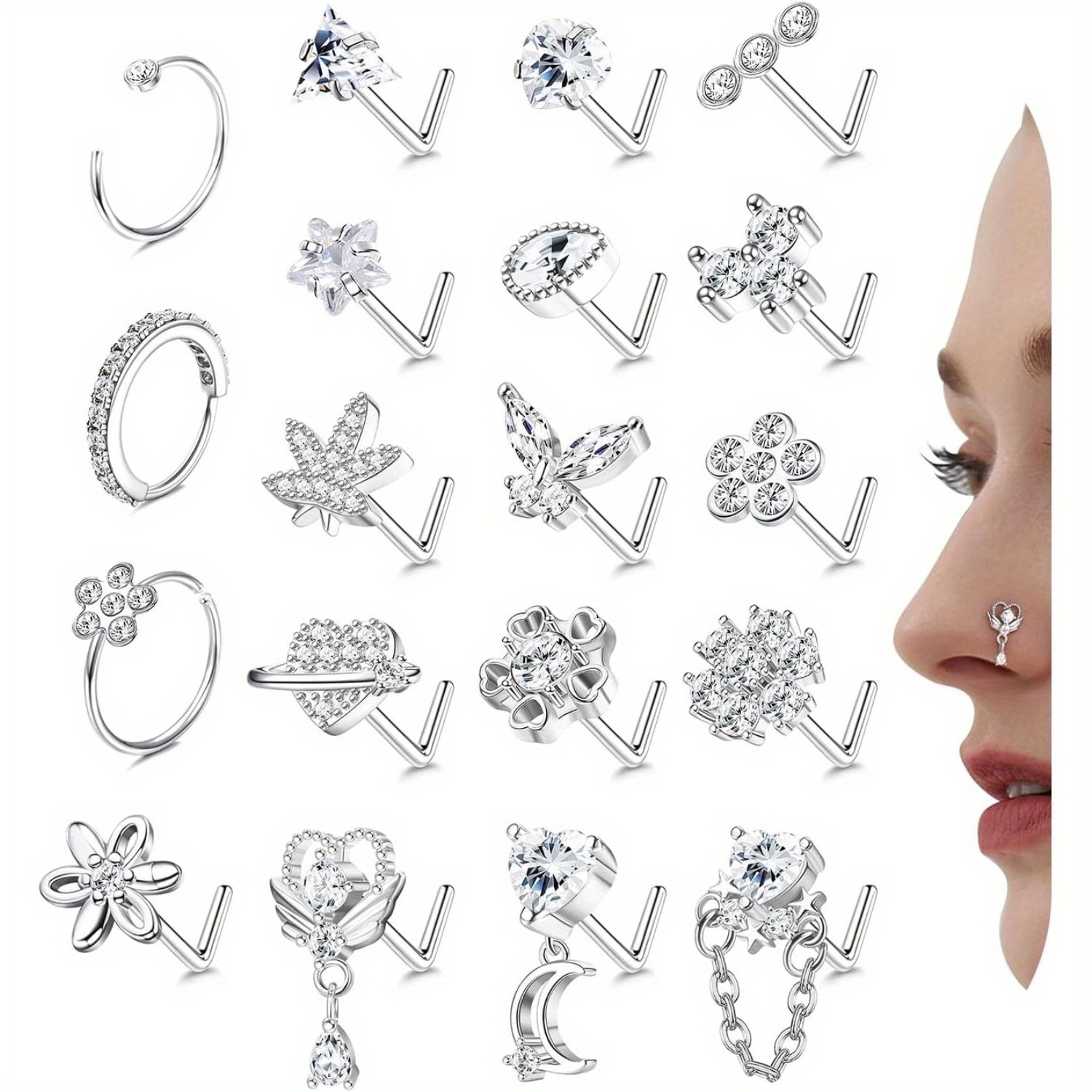 TEMU 19pcs Of L-shaped Nose Studs And Rings Made Of Stainless Steel, Featuring Dangle And Flower Designs, Suitable For Piercings. A Jewelry Gift For Women And Men, 20g