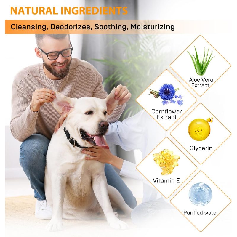 Dog Ear Wipes, Ear Cleaner Finger Wipes for Dogs And Cats, Gently Removes Earwax Odor, Relieves Ear Itching And Infection, Easy to Use, Natural Ear Wipes for Dogs, 50 Disposable Count