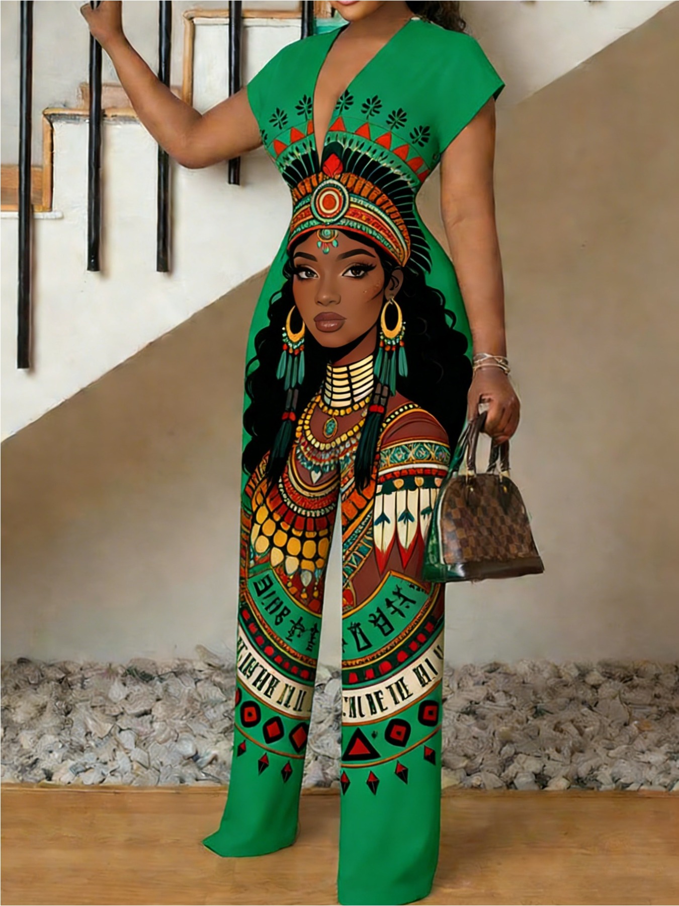 womens clothing womens v neck jumpsuit african ethnic portrait   pattern print suitable for daily casual wear casual   commuting to work daily   fashionable and versatile comfortable fabric machine washable