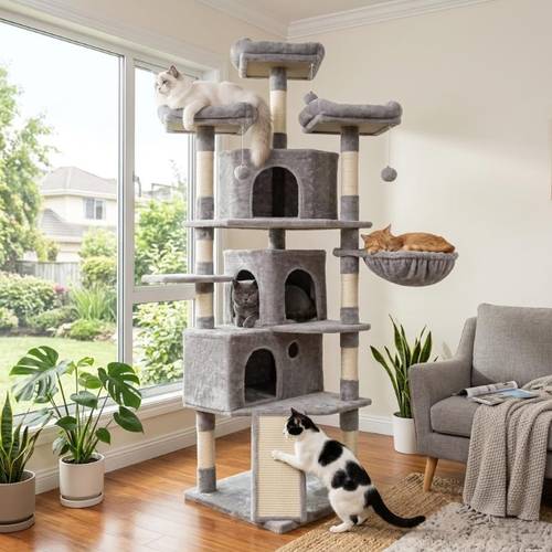 xl tree 186 inch tower with 3 caves 3 cozy perches scratching posts board activity center stable kitten big light gray mpj032w