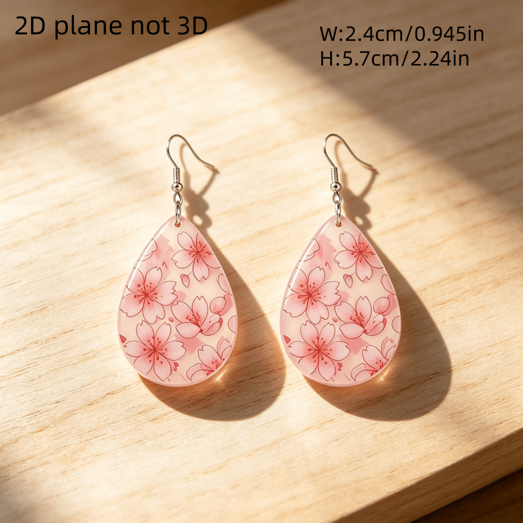 Pink Cherry Blossom Sakura Teardrop Dangle Earrings, Lightweight