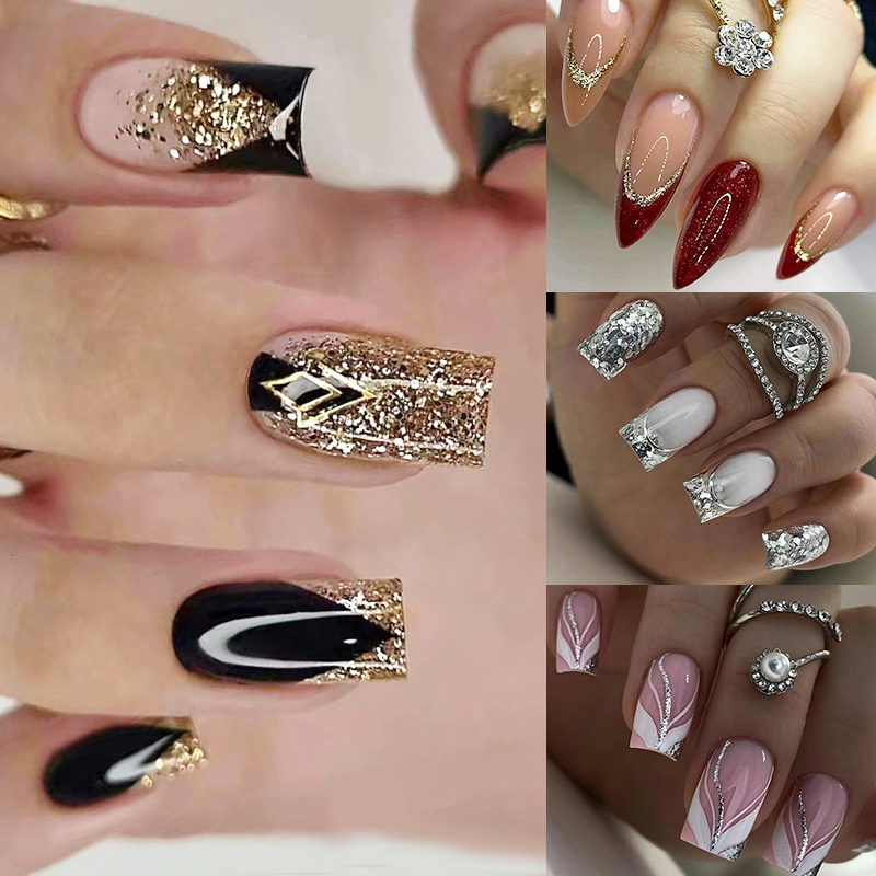 

96pcs (4pack) And Wearing Nail, Golden And Silver , Design, Medium Square/ Rubber Nail Set, Suitable For Women