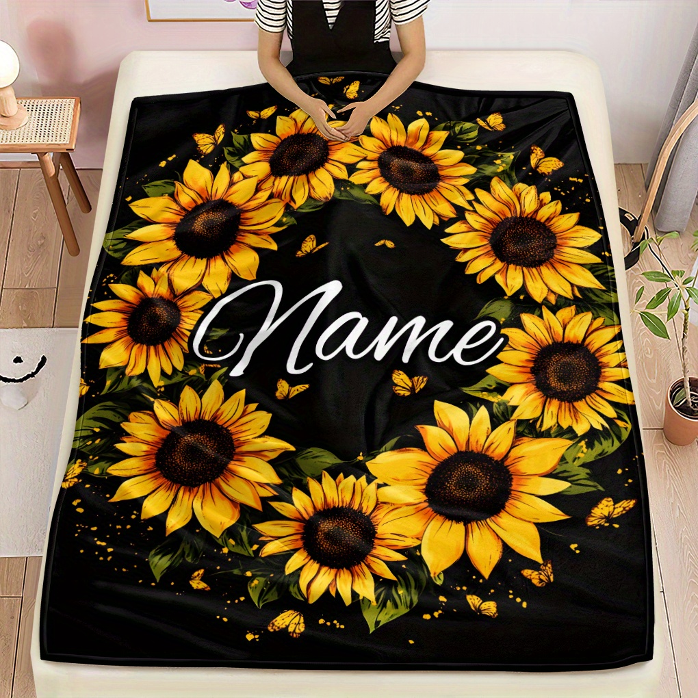 TEMU Custom Name Beautiful Wreath Of Sunflowers Blanket-lightweight Flannel Home Furnishings Bedding Blanket Suitable For Sofas Beds Travel Camping