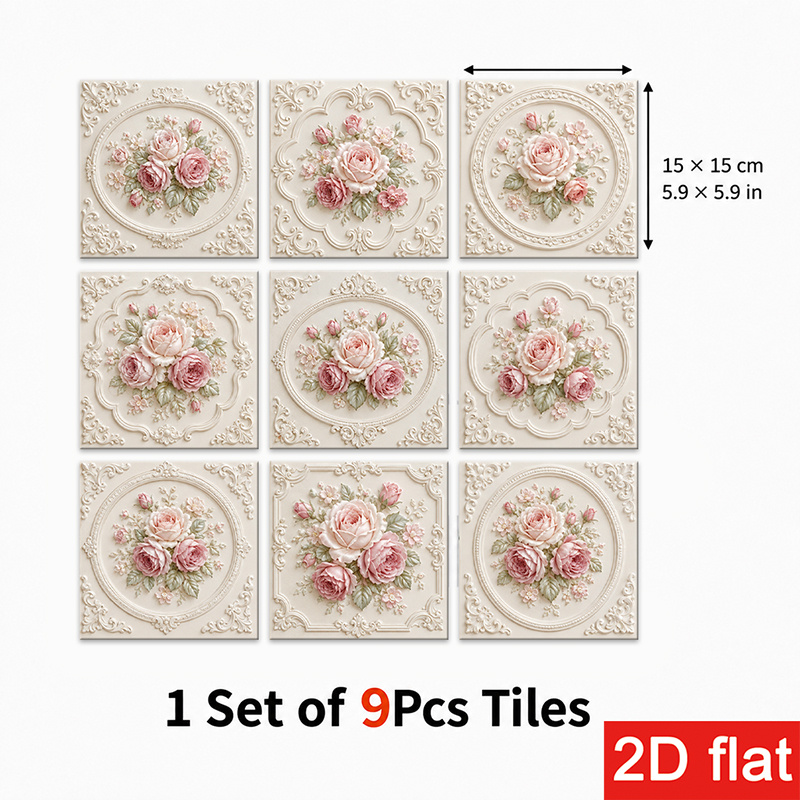 TEMU 2d Flat 9pcs 15x15cm (5.9x5.9in) Slate Tile Stickers Modern - Floral Pattern Peel And Stick Wall Tiles For Kitchen Backsplash, Coffee Corner,