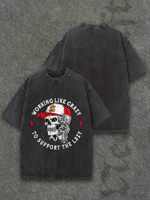 skull print mens washed t shirt rock print pattern stretchy fit retro clothing