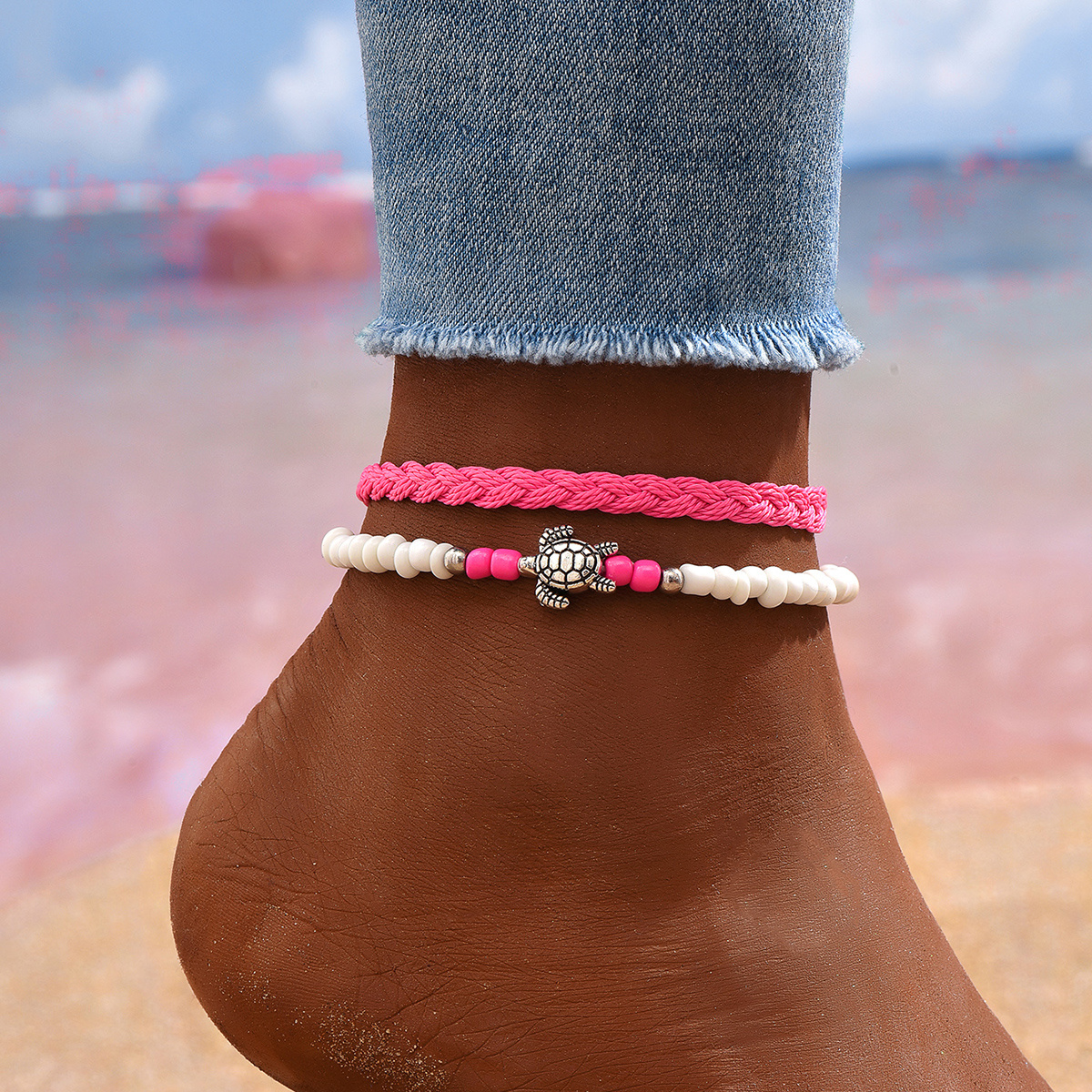 E-shop 2 Stück Damen Bohemian Vintage Weiß Schildpatt Perlen Handgeflochtenes Verstellbares Fußkettchen Set, für , Urlaub, Strandpartys, Valentinstag