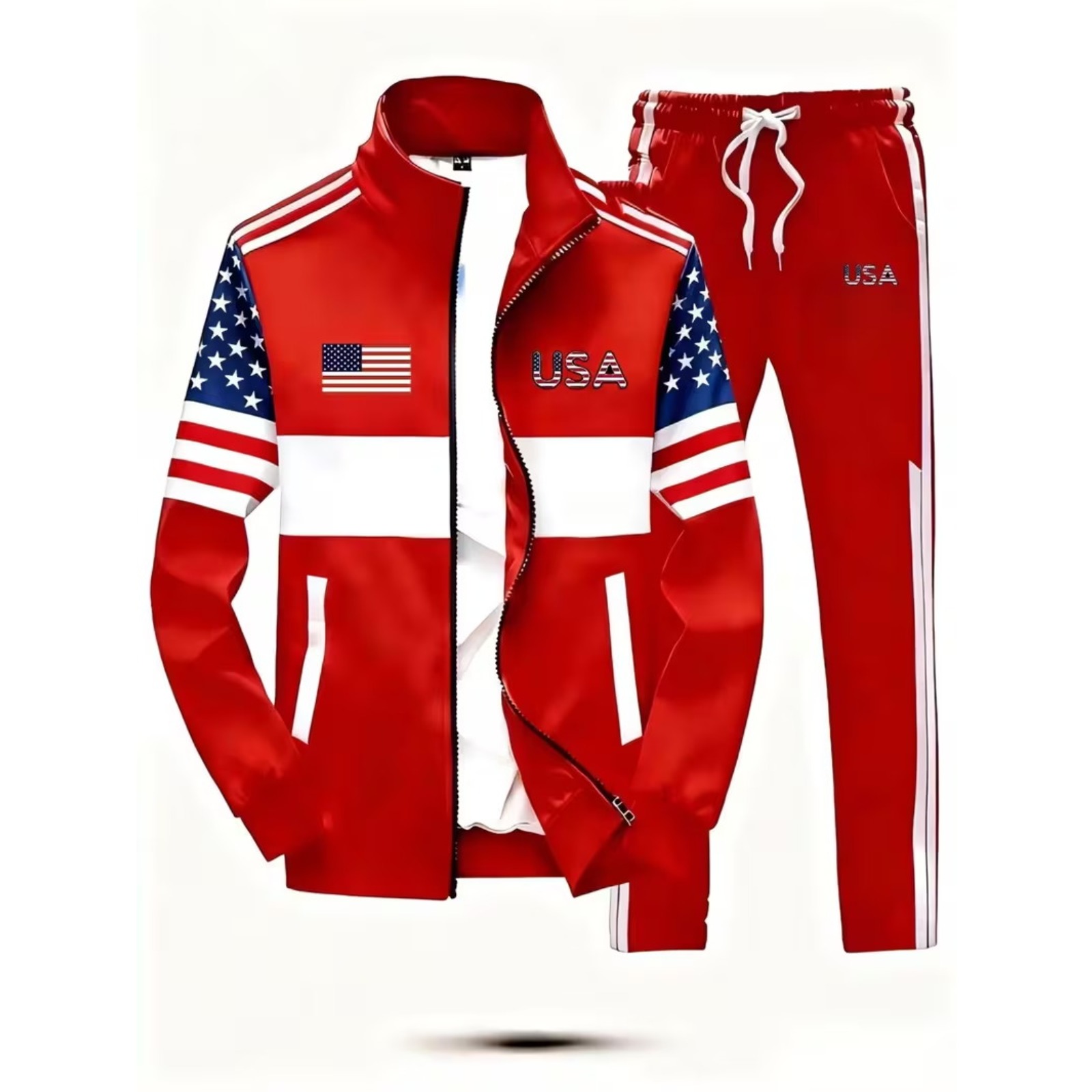 TEMU Men's Track Jacket And Pants Set Style Casual Trendy Sportswear With Usa Flag Pattern, Loose Fit, Baseball Collar, Slight Stretch Fabric, Printed Details