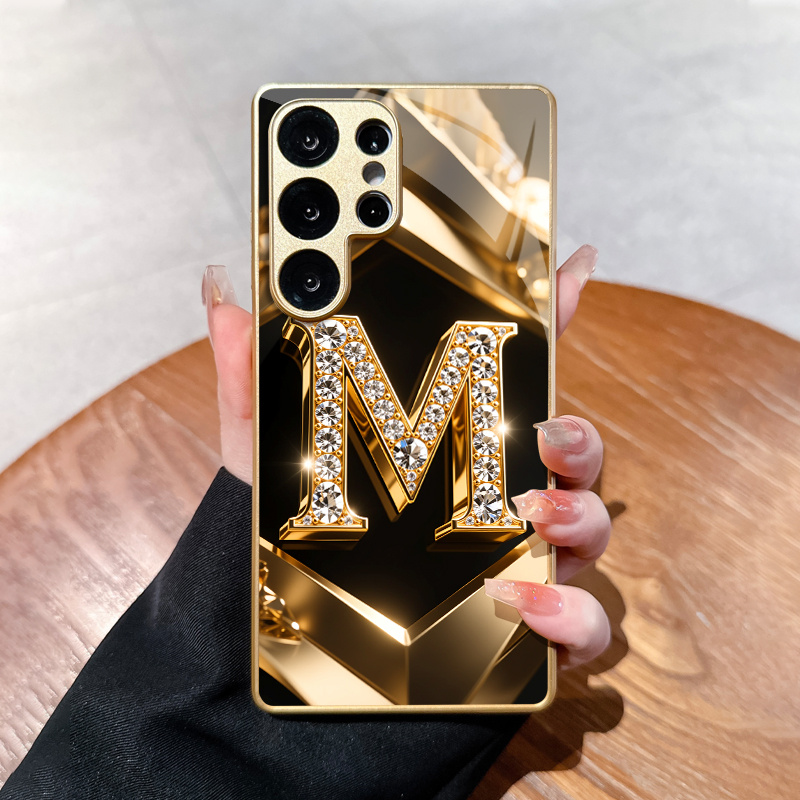 TEMU Phone Case - Golden Diamond Letter Pattern Glass Phone Case For Galaxy S25/s25 Ultra/s25 Plus/s25 Edge/s24/s24 Fe/s24 Ultra/s23/s23