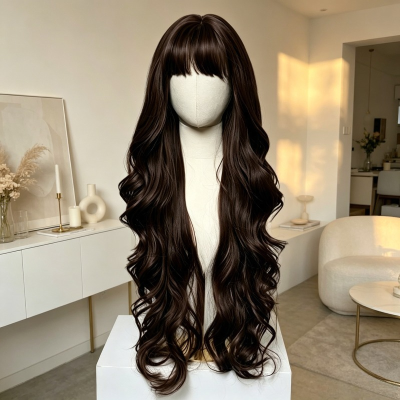 TEMU Women's Brown Long Wig With Straight Bangs, Natural Wig For Daily Styling With Soft Aesthetic Vibes