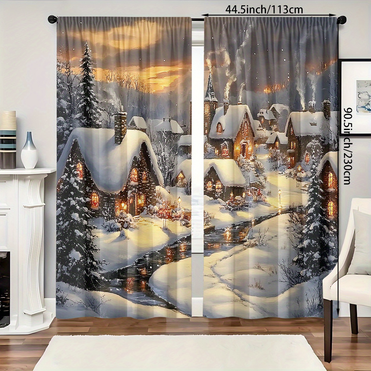 TEMU 2pcs Christmas Print Curtains - Light Filtering, Rod For Bedroom, Living Room, Office Decor - Durable Polyester, Machine Washable, Hd Digital,