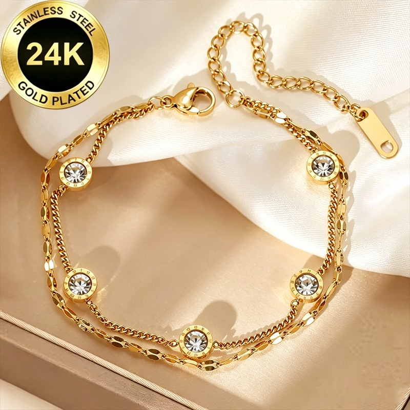 TEMU High-quality Smooth Lip-shaped Chain Bracelet With A Roman Pendant Set With Synthetic Cubic, Double-layer Women's Bracelet With Vacuum