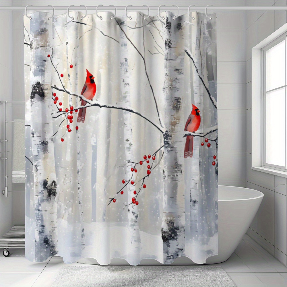 

1pc Christmas Theme Waterproof Shower Curtain, Bird & Print, Machine Washable, , Christmas Home Bathroom Decor Shower Curtain, Christmas Gift