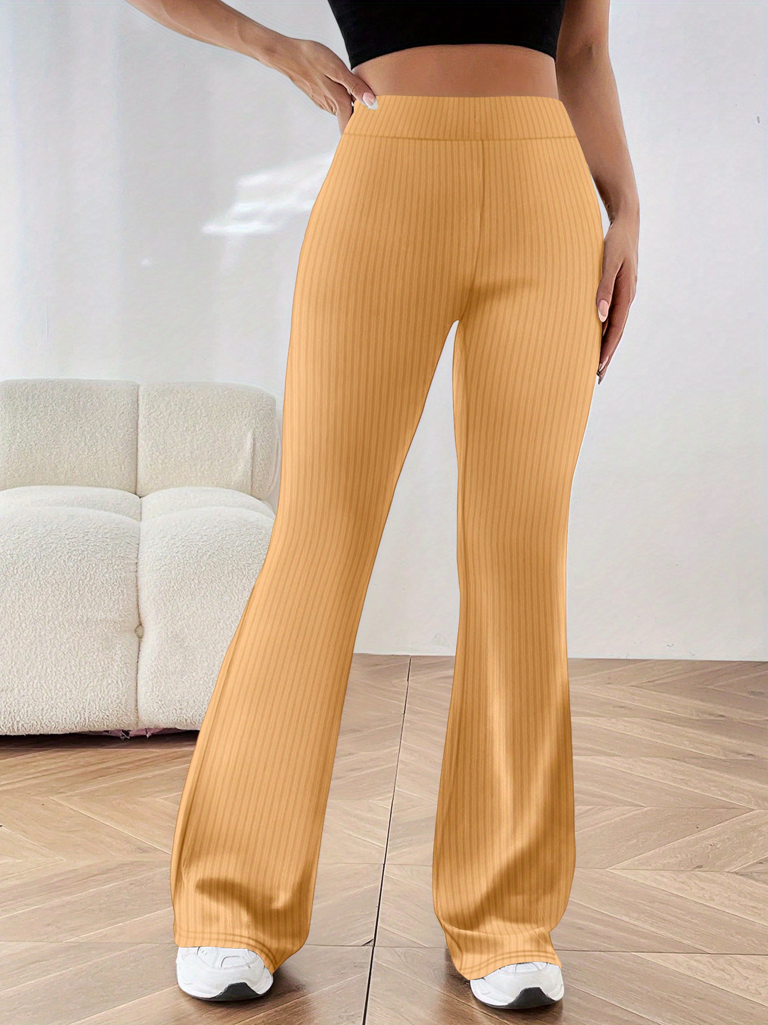 Women's Mustard-Yellow Wide-Leg Bell-Bottom Pants High-Waisted Stretch  Trousers with Vertical Stripes-like Texture (No *), Elegant