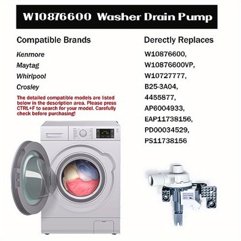 Washer Drain Pump Replacement (Part #W10876600) For Whirlpool, Maytag, Kenmore & Other Washing Machines
