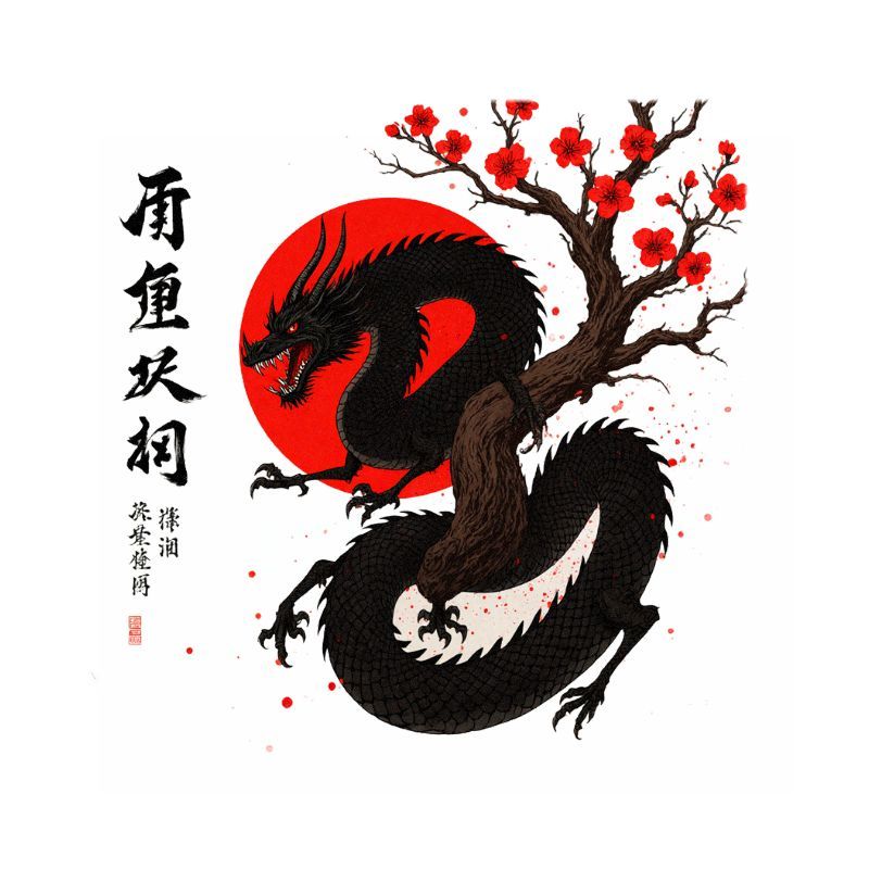 TEMU 1 Black Dragon Toilet Sticker - Red Sun And Cherry Bathroom Decal, Self-adhesive Toilet Lid Decoration, Japanese Mythology For A Daring Oriental
